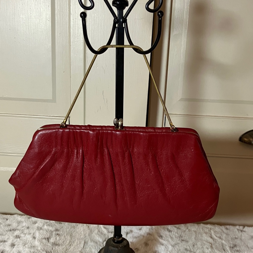 Vintage Italian Leather Red Clutch With Chain Strap. GUC